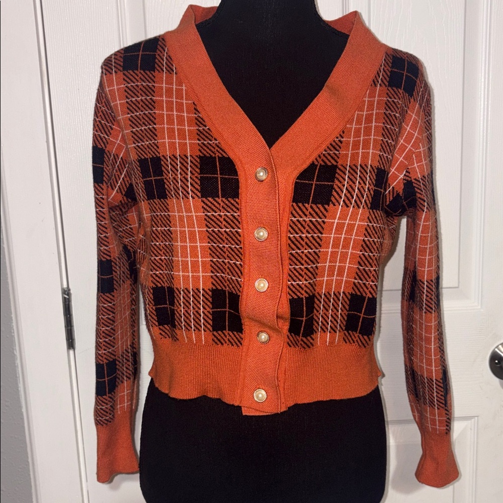 Goodnight Macaroon Cropped Orange Plaid Cardigan SZ SM